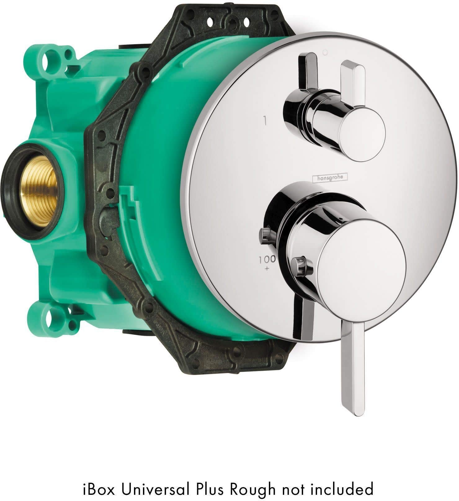 Chrome thermostatic valve trim with round escutcheon plate, two lever handles, and temperature control dial marking 100.