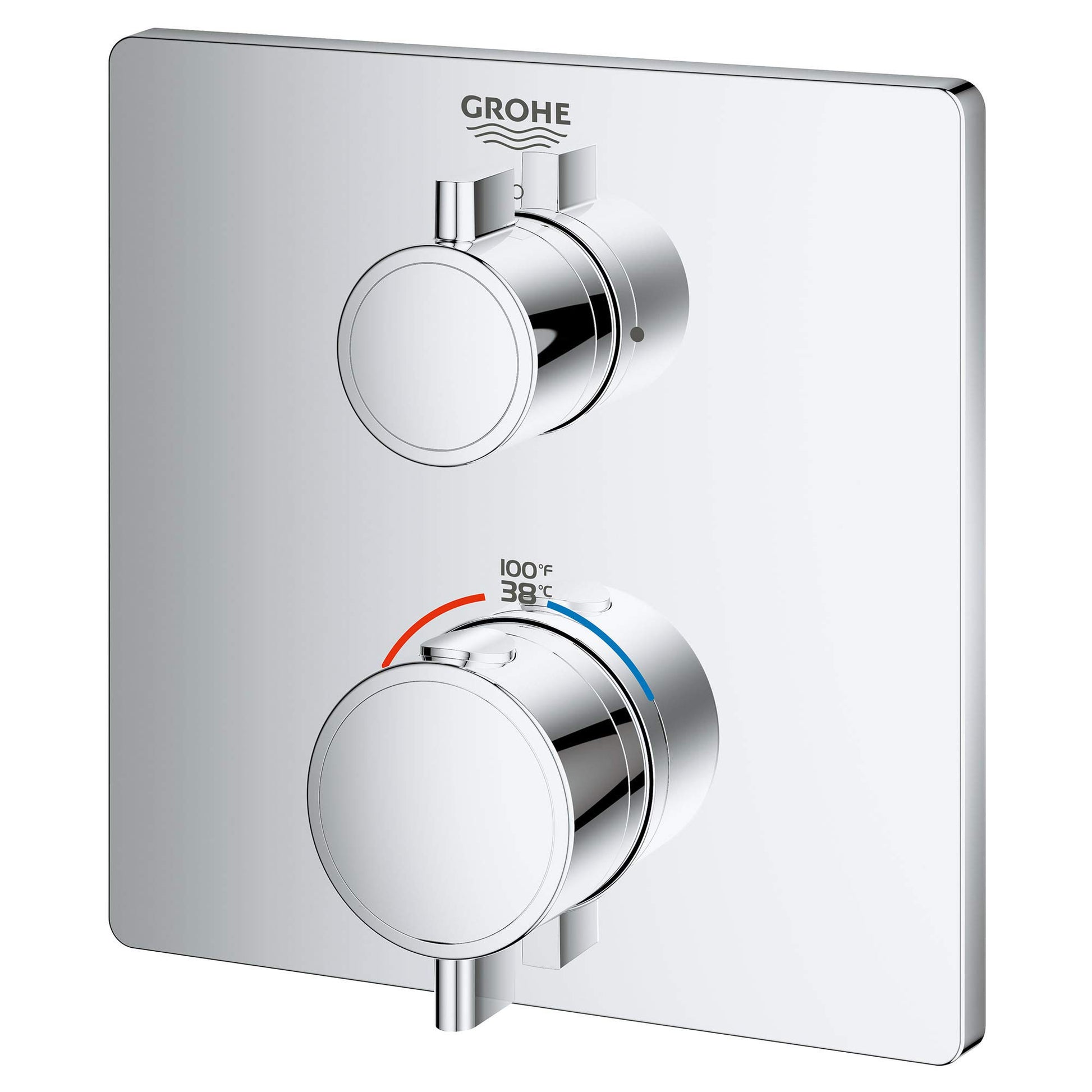 Chrome thermostatic valve trim with two round handles mounted on square escutcheon plate, featuring temperature dial with red