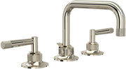 Polished nickel three-hole widespread lavatory faucet with U-shaped spout and knurled handles.