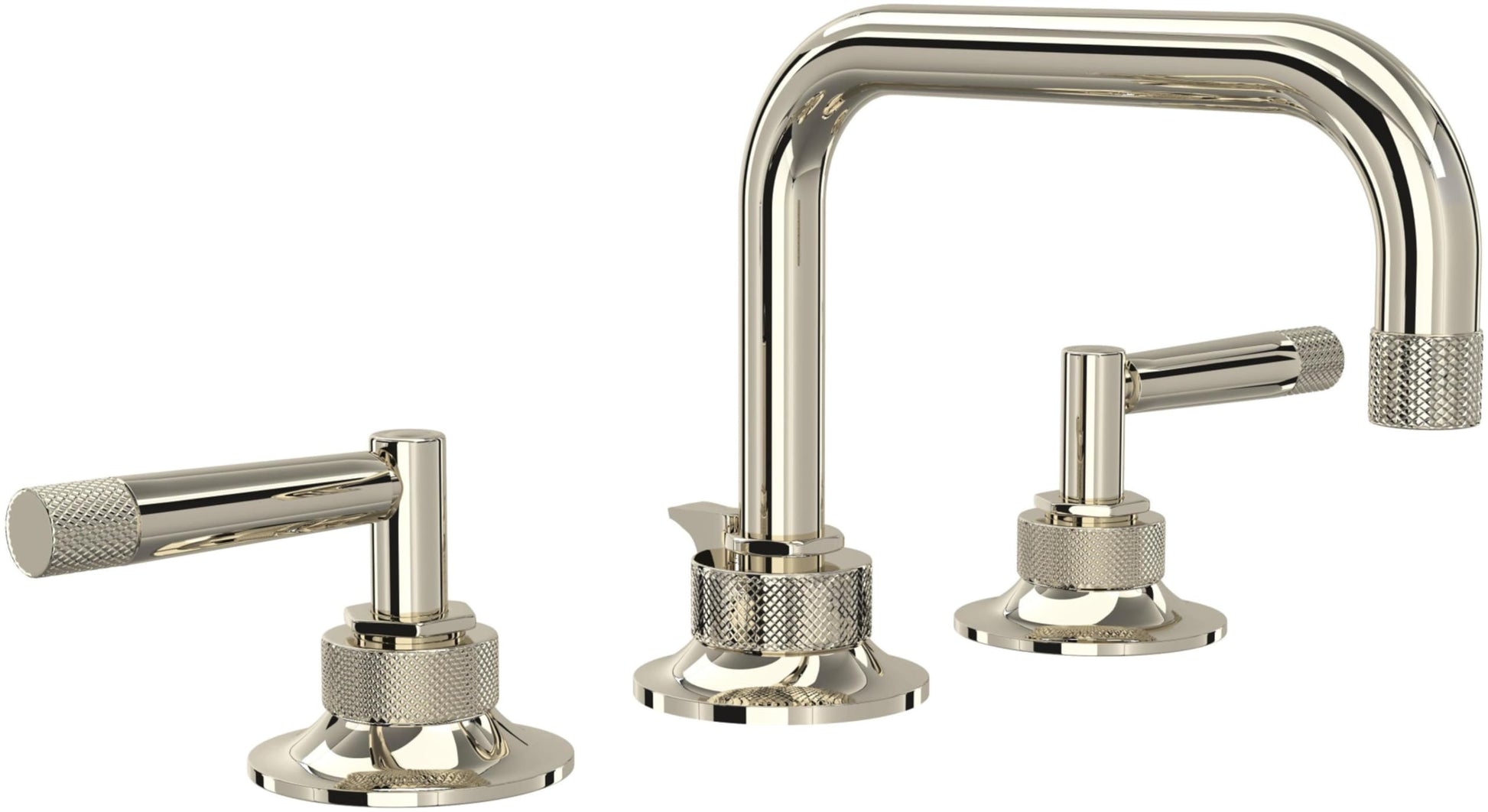 Polished nickel three-hole widespread lavatory faucet with U-shaped spout and knurled handles.