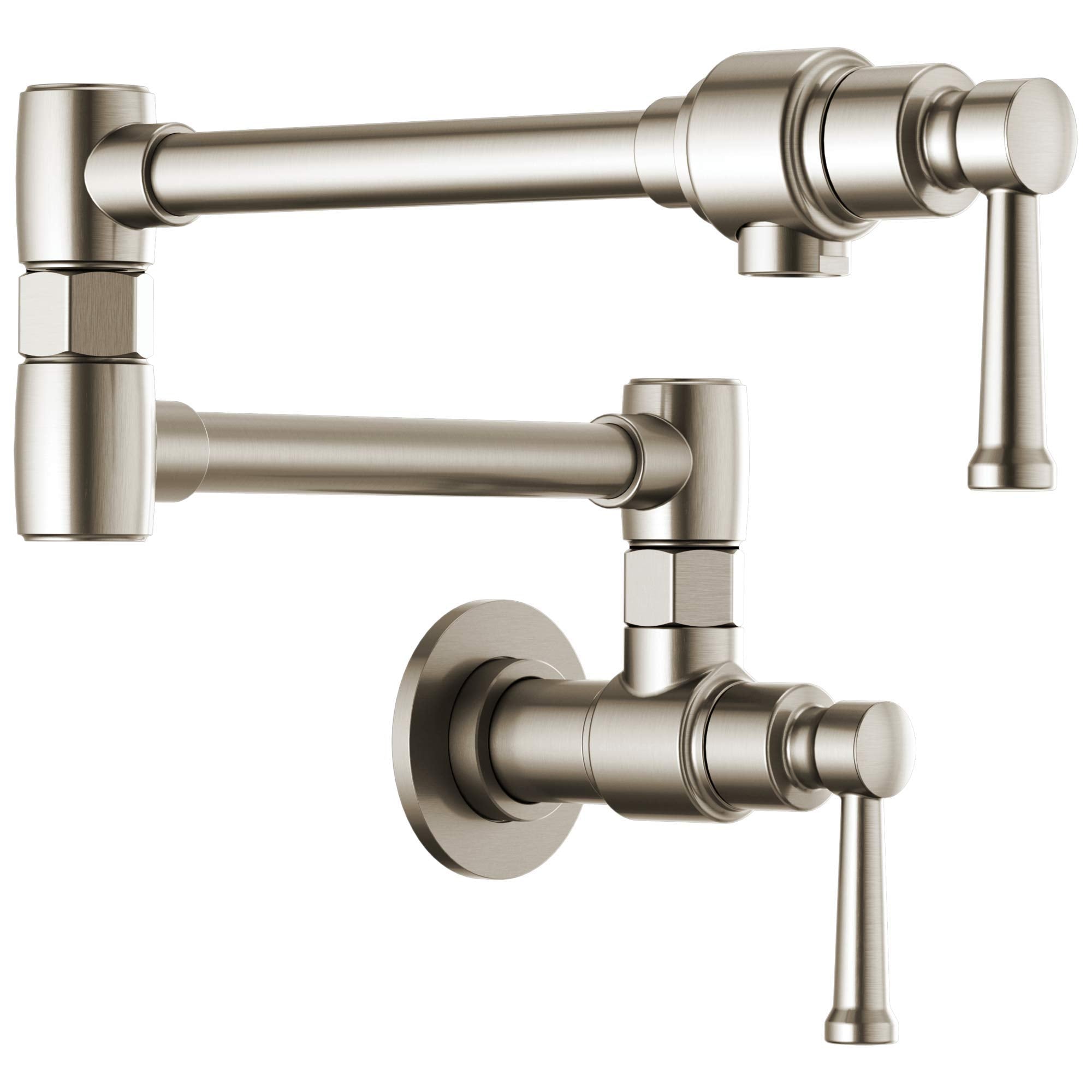 Brushed nickel wall-mounted pot filler faucet with articulating arm and lever handles.