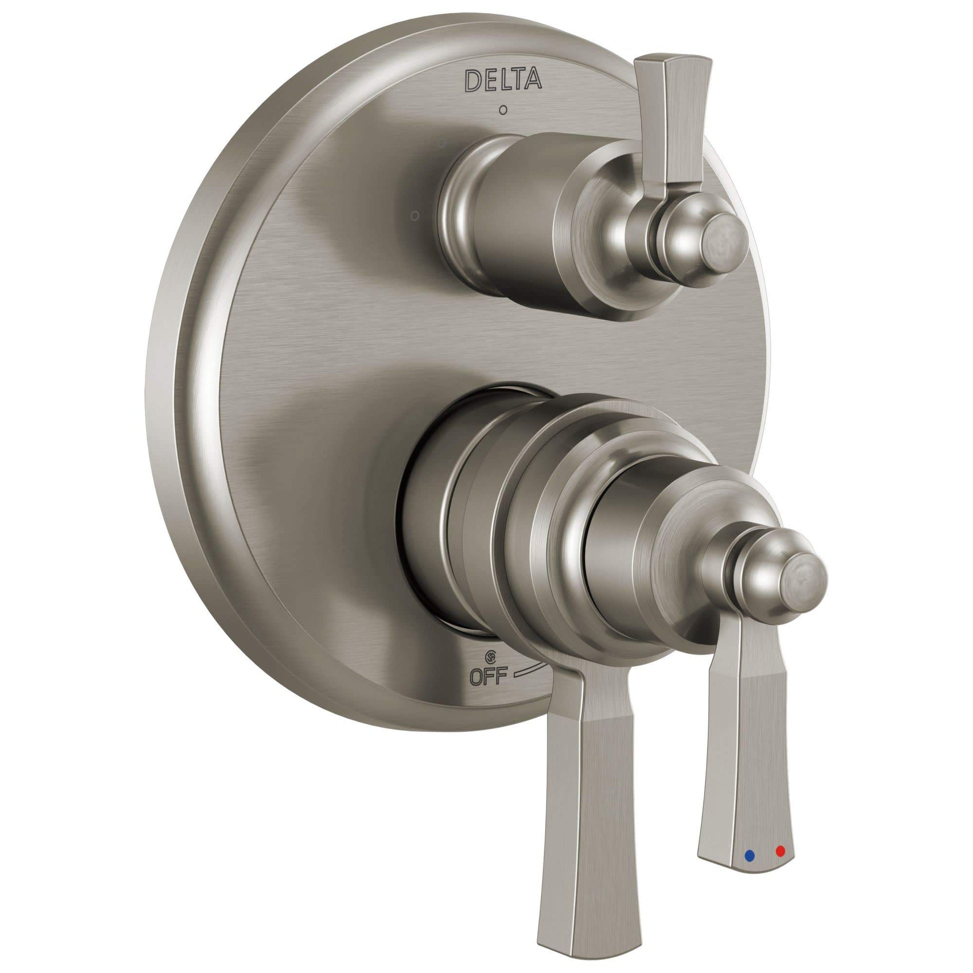 Brushed nickel Delta shower valve trim with two rectangular handles and diverter control mounted on round escutcheon plate.