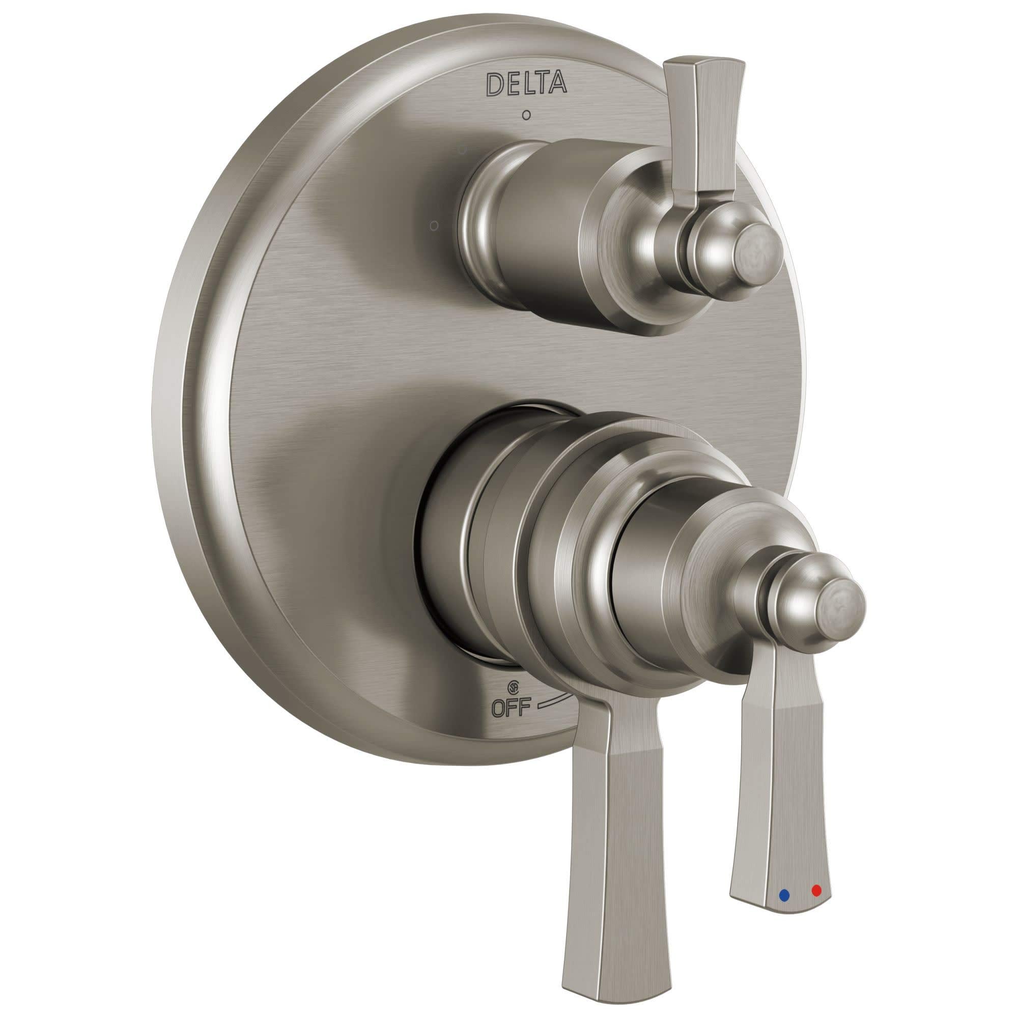 Brushed nickel Delta shower valve trim with two rectangular handles and diverter control mounted on round escutcheon plate.