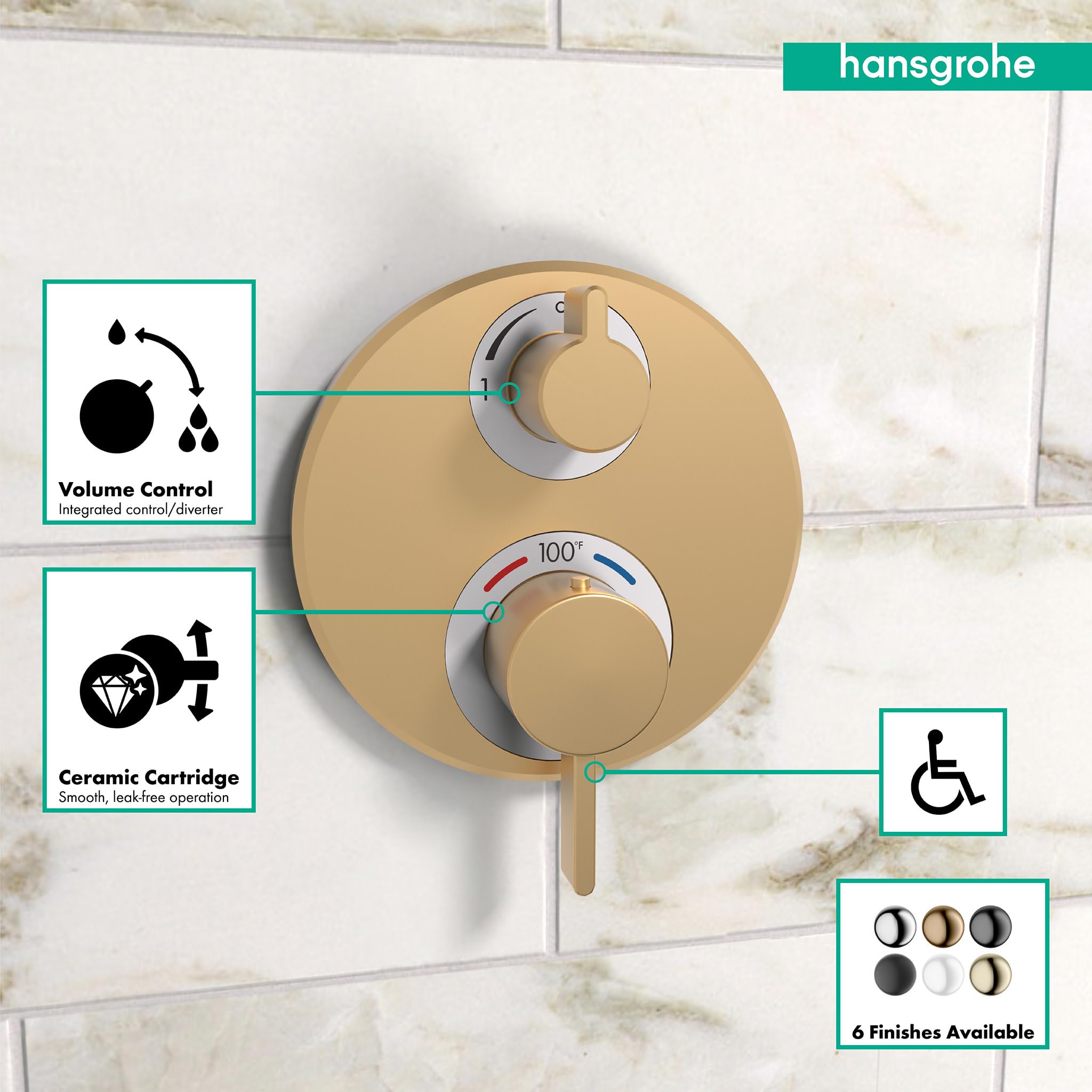 Brushed bronze circular thermostatic shower trim with two control knobs, volume diverter, and integrated lever on marble tile