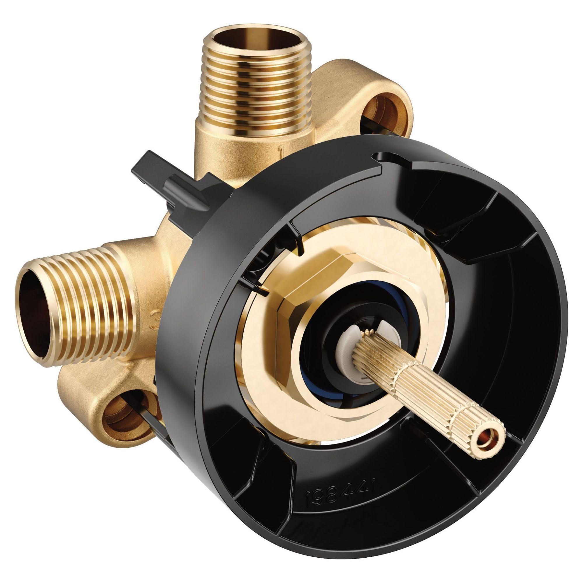 Brass transfer valve with black exterior housing, threaded male connections on left and top, and cartridge valve visible in c