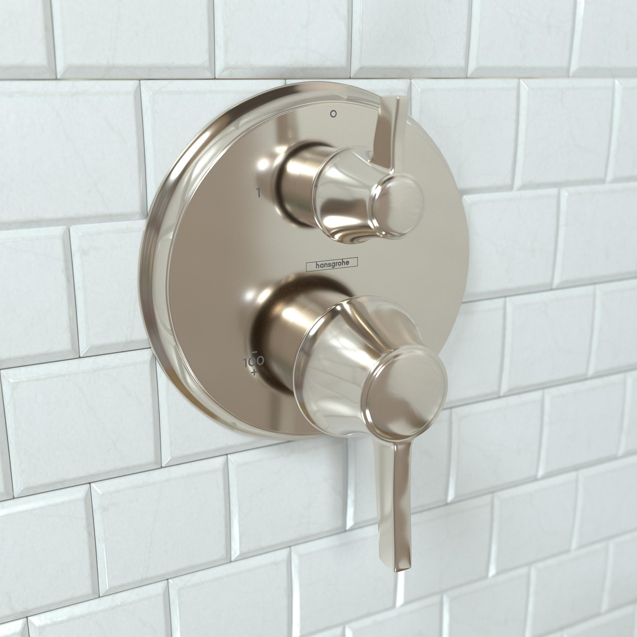 Round polished nickel thermostatic shower trim with two cylindrical handles for volume and diverter control mounted on white 