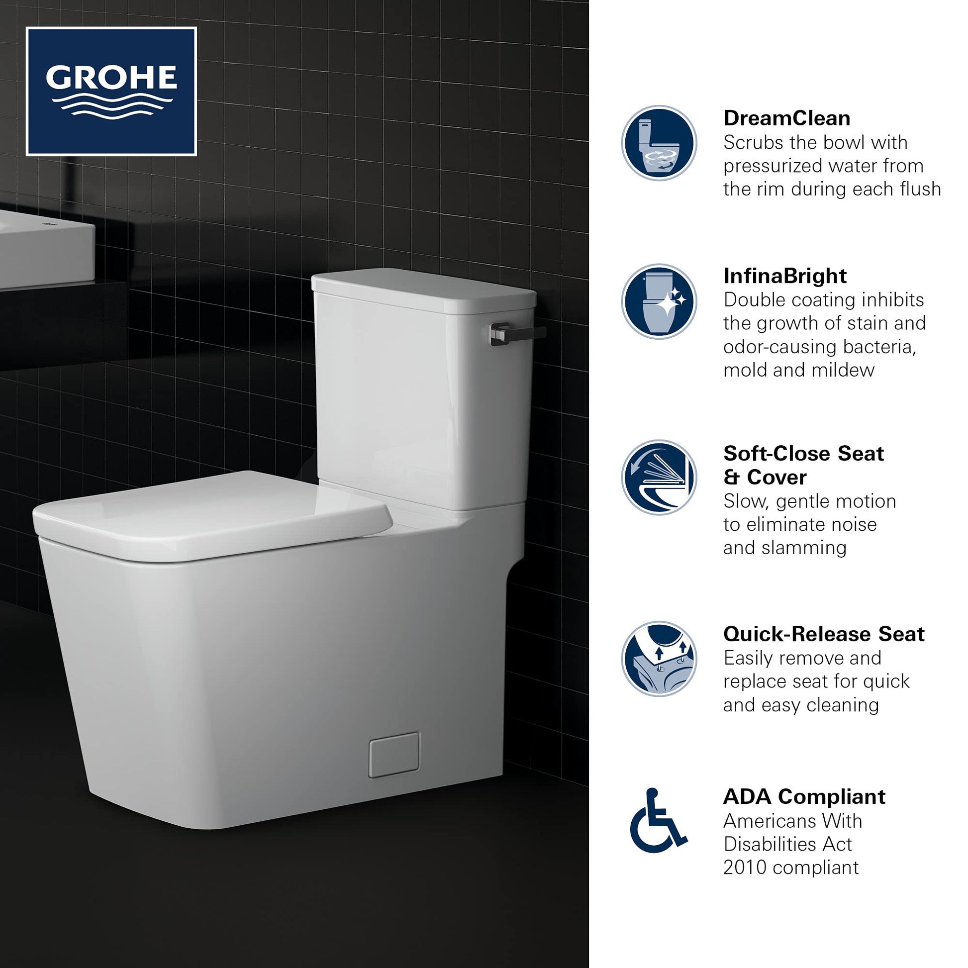 White two-piece elongated toilet with soft-close seat and right-hand trip lever on black tile bathroom wall.