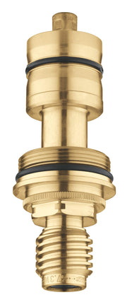 Brass thermostatic cartridge with black sealing rings and threaded connector base.