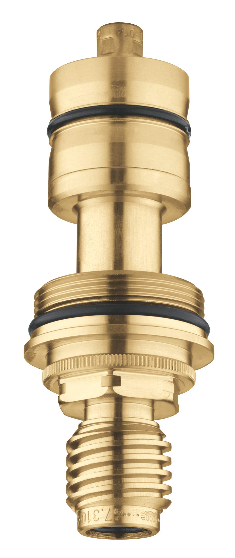 Brass thermostatic cartridge with black sealing rings and threaded connector base.