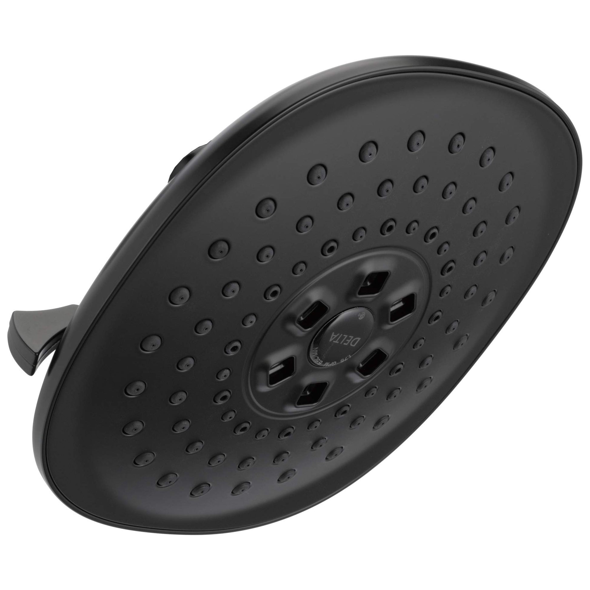 Black round raincan showerhead with multiple spray holes and central control dial with three settings.