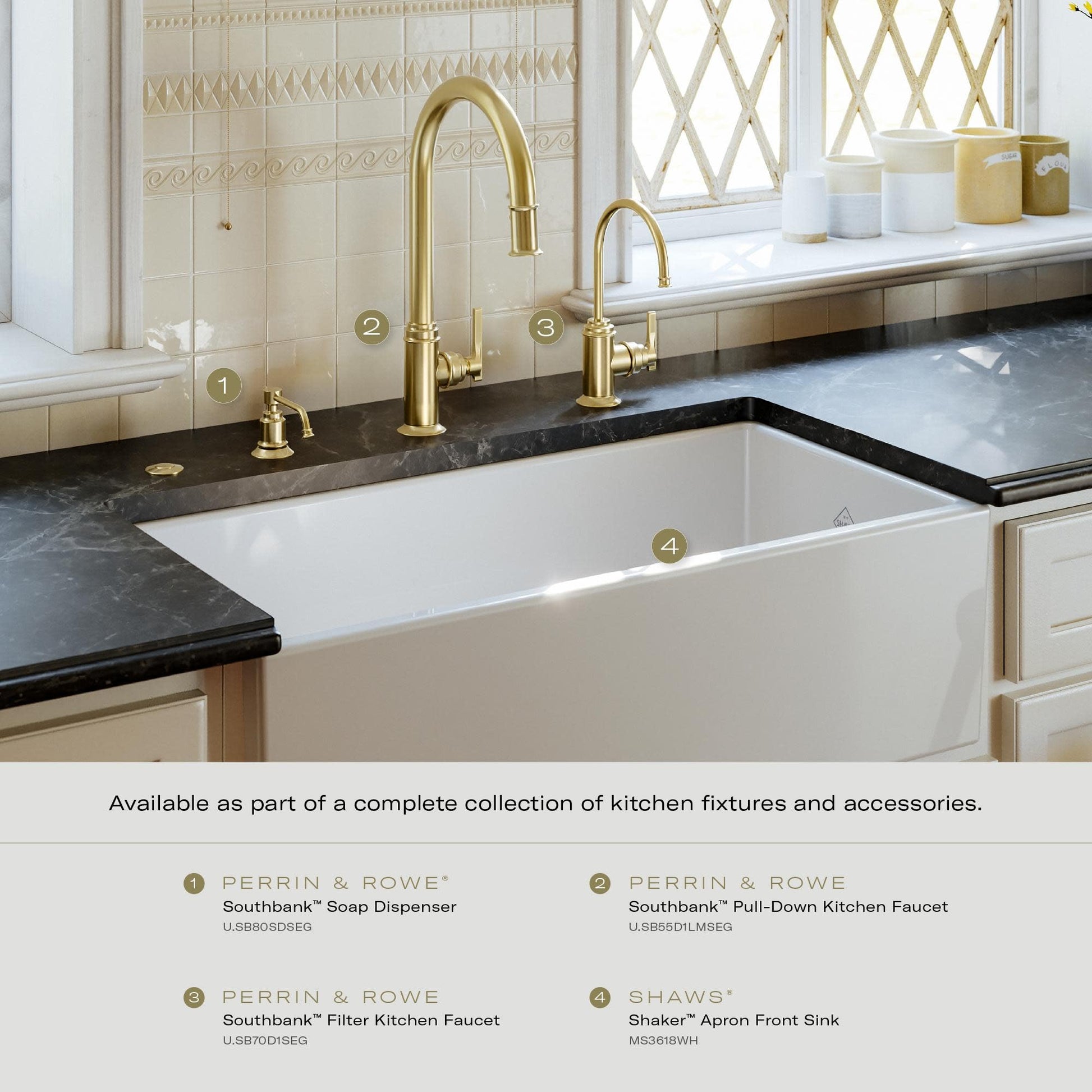 White fireclay apron front farmhouse kitchen sink with single bowl and shaker-style design installed under dark countertop.