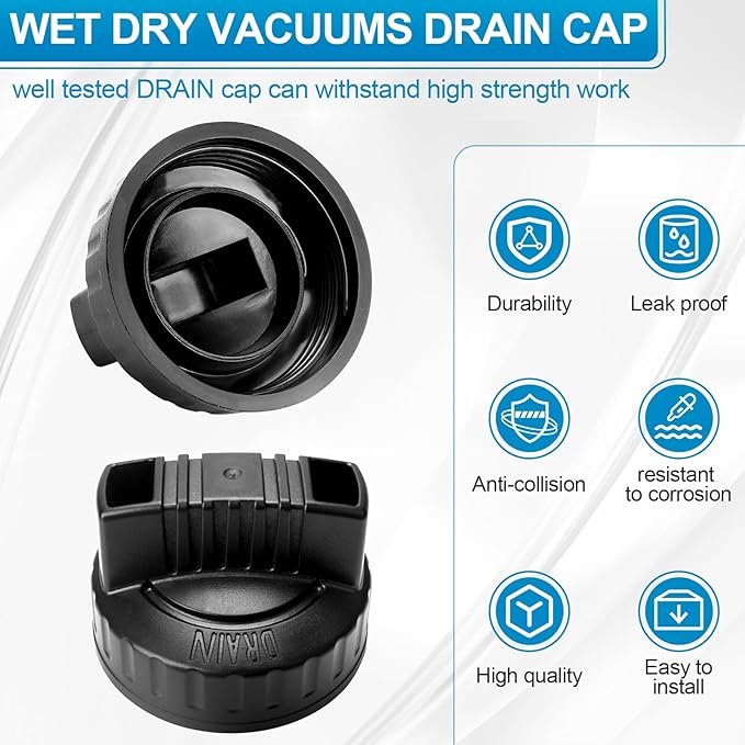 Black plastic drain cap with threaded grip design for wet/dry shop vacuum tanks.