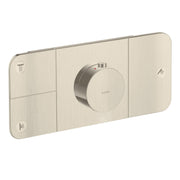 Brushed nickel thermostatic module trim with circular control dial and three function buttons on rectangular plate.