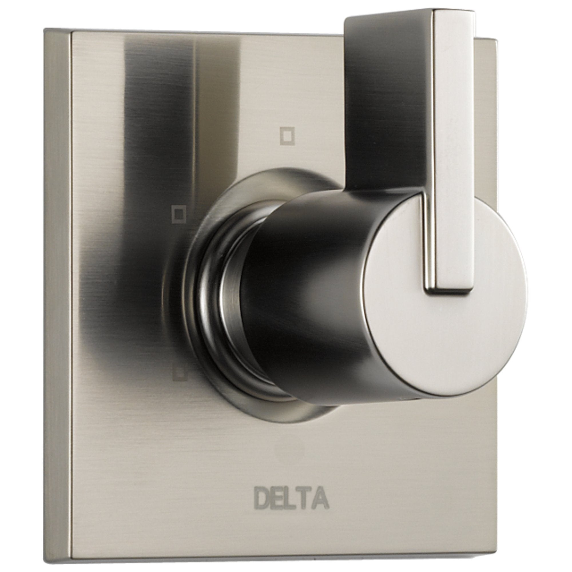 Chrome and stainless steel diverter trim with round handle and rectangular backplate for shower or tub valve control.