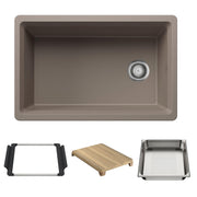 Truffle-colored single-bowl kitchen sink with drain strainer and matching accessories including black frame, wood cutting boa