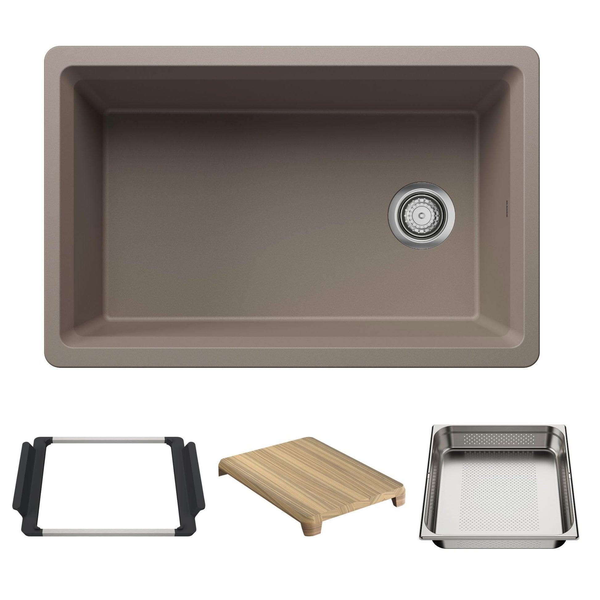 Truffle-colored single-bowl kitchen sink with drain strainer and matching accessories including black frame, wood cutting boa