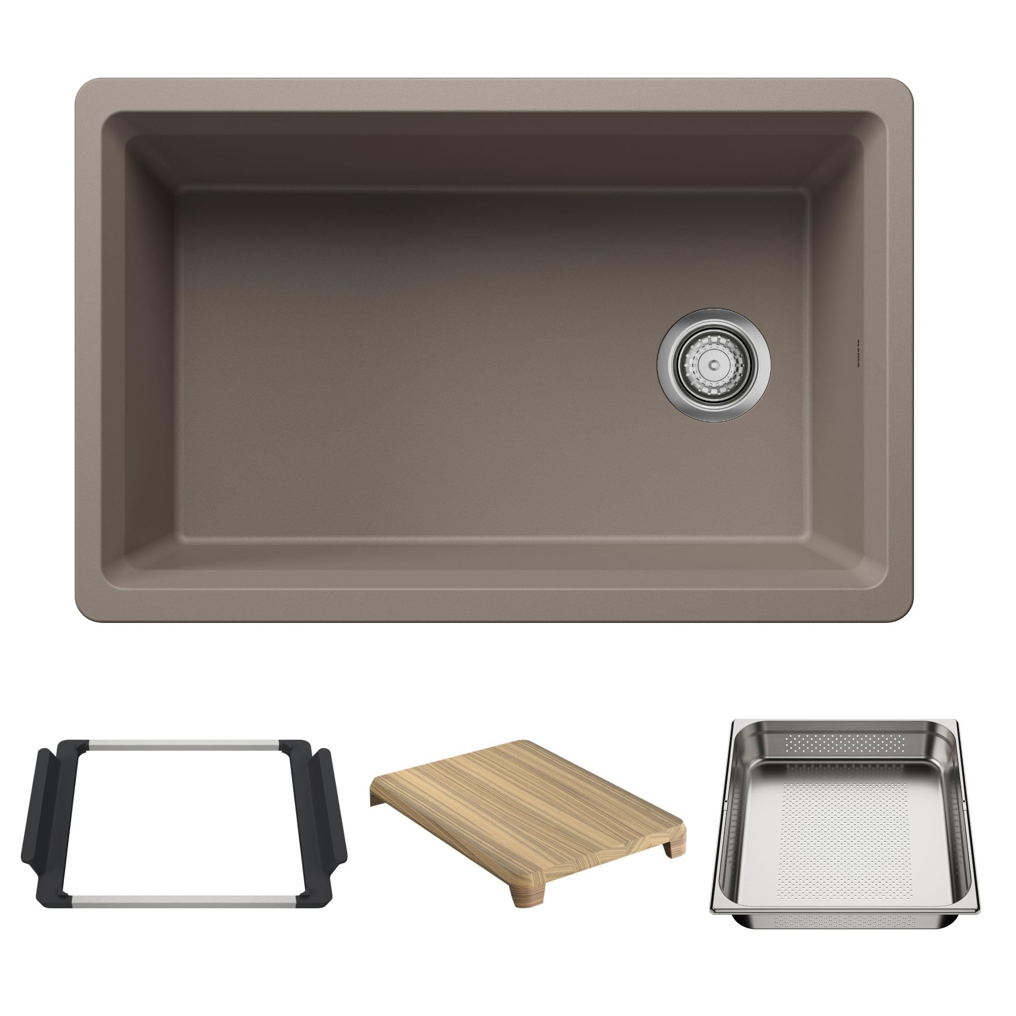 Truffle-colored single-bowl kitchen sink with drain strainer and matching accessories including black frame, wood cutting boa