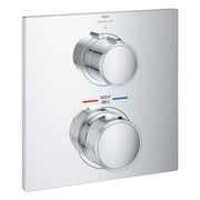 Chrome dual-handle thermostatic valve trim with temperature display showing 100°F/38°C and Grohe Spa branding on square escut