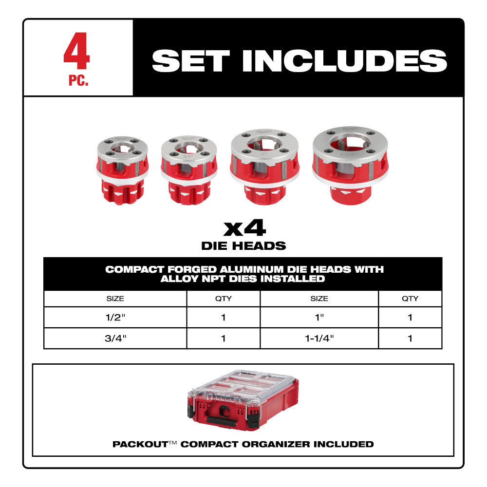Four red and aluminum pipe threading die heads with sizes 1/2", 3/4", 1", and 1-1/4" displayed with red compact organizer cas