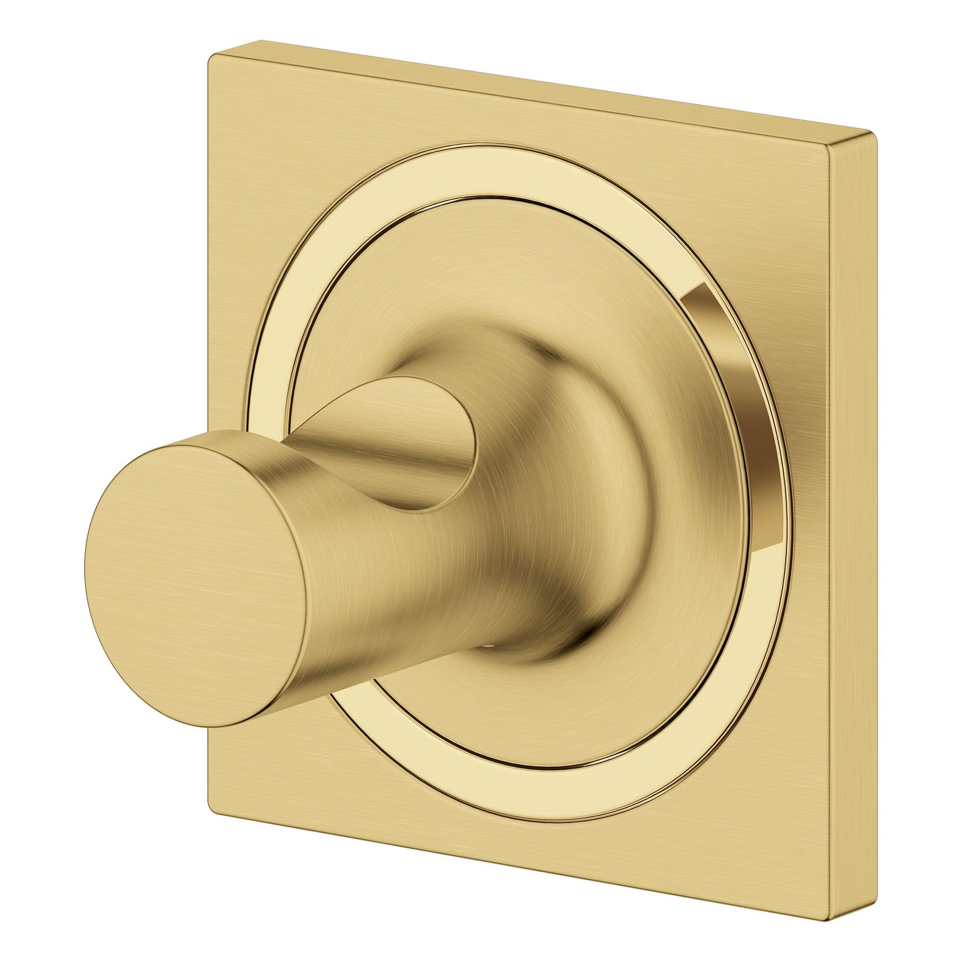 Brushed nickel towel hook with cylindrical arm mounted on square backplate with concentric circular design.
