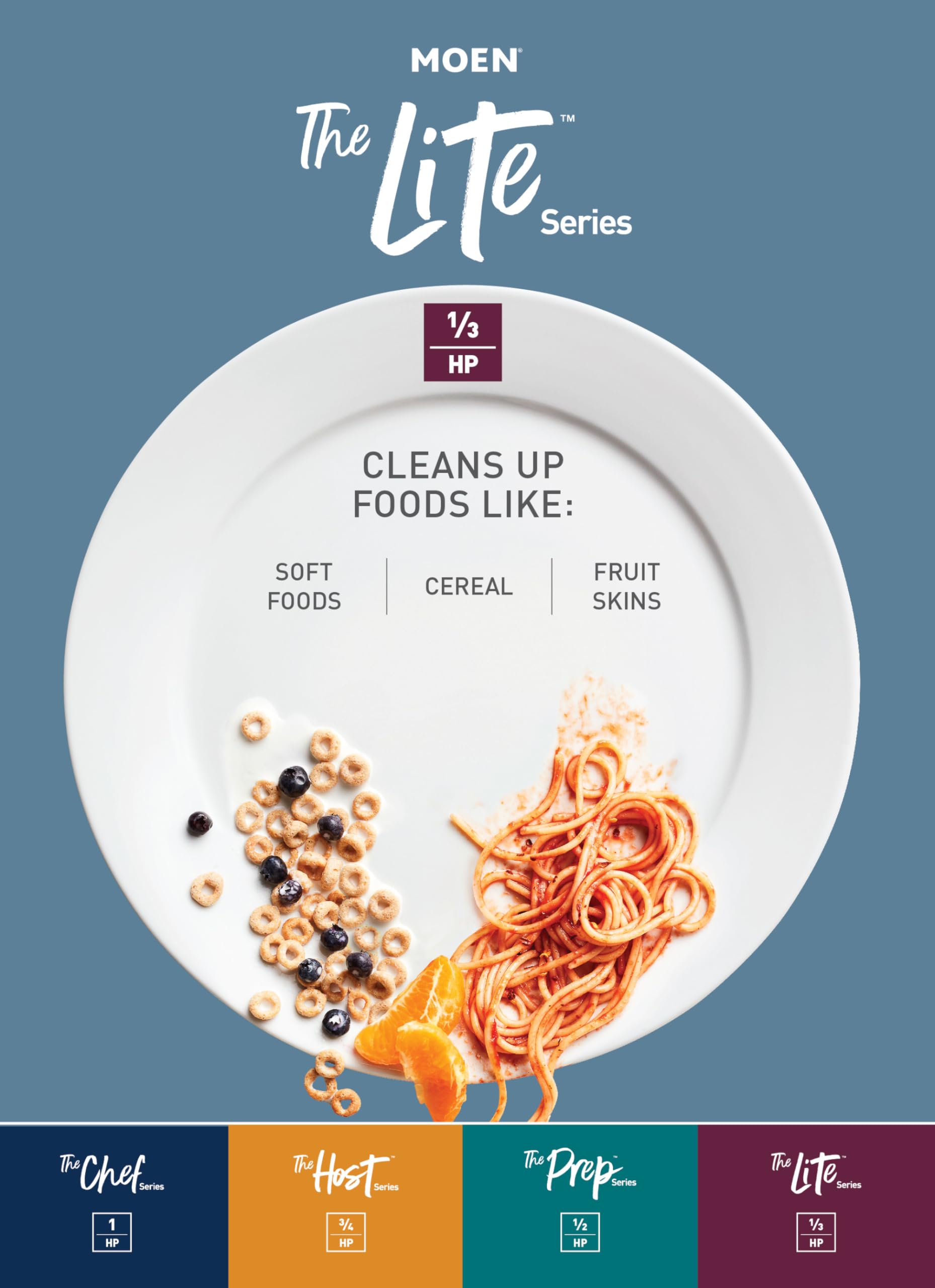 Moen garbage disposal shown on white plate with cereal, fruit peels, and food waste against blue background.