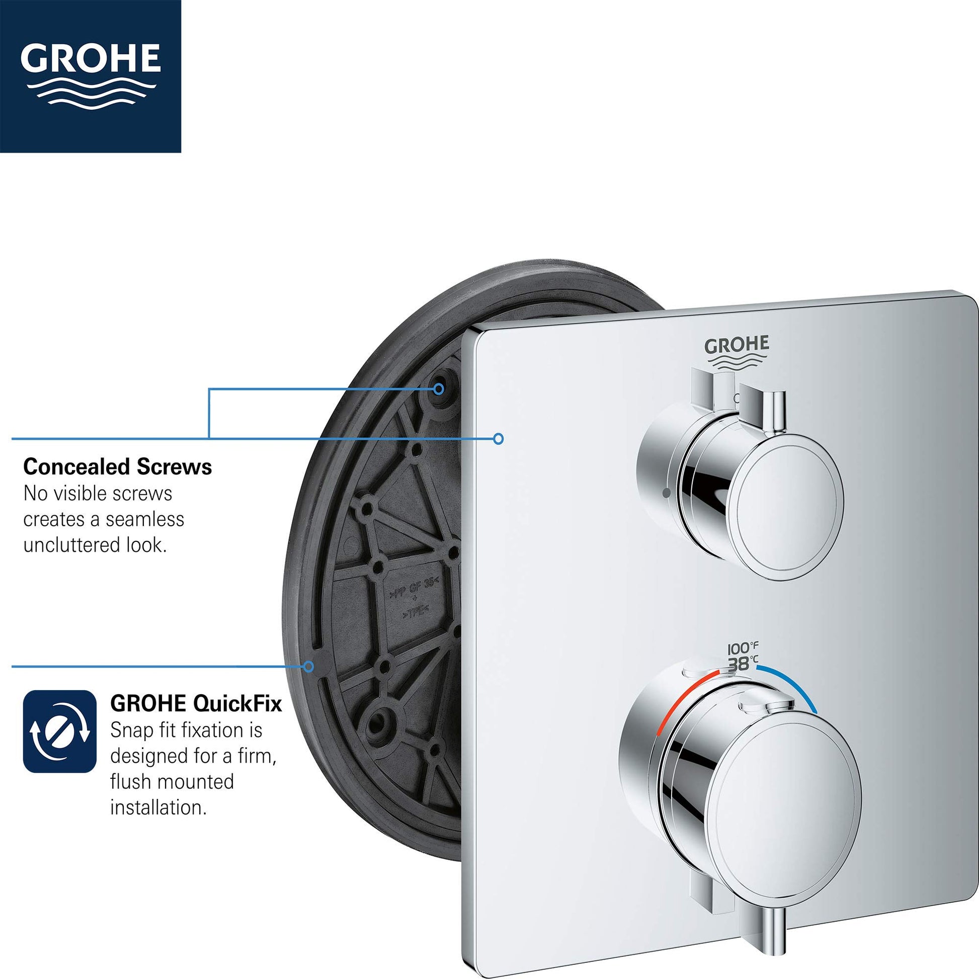 Chrome thermostatic valve trim with two round handles and square escutcheon plate, shown from front and rear views.