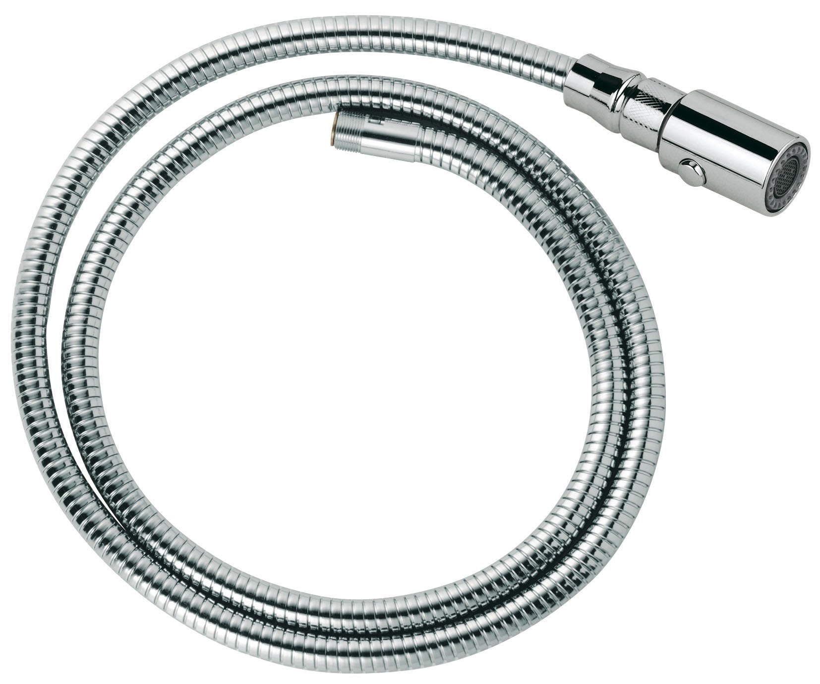Chrome pull-out spray head with flexible hose coiled in loops, featuring perforated showerhead and control lever.