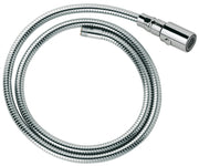Chrome pull-out spray head with flexible hose coiled in loops, featuring perforated showerhead and control lever.