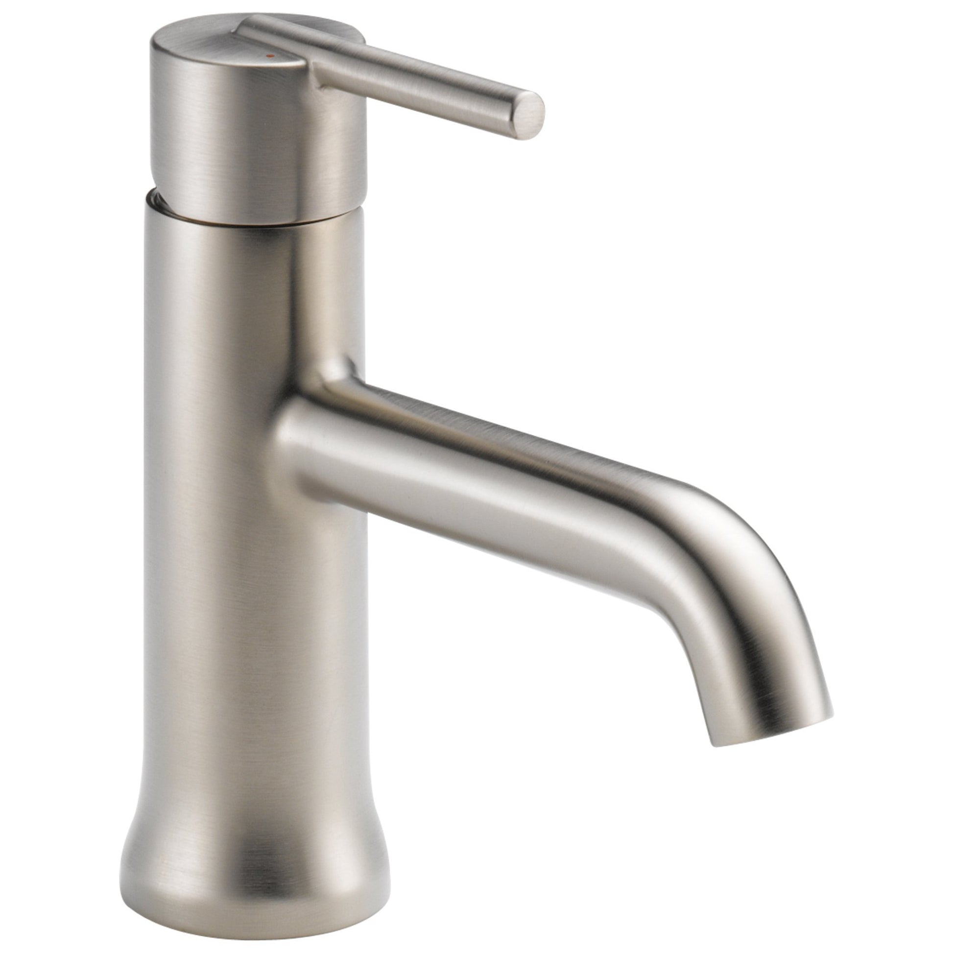Brushed nickel single-handle bathroom faucet with lever handle and curved spout.
