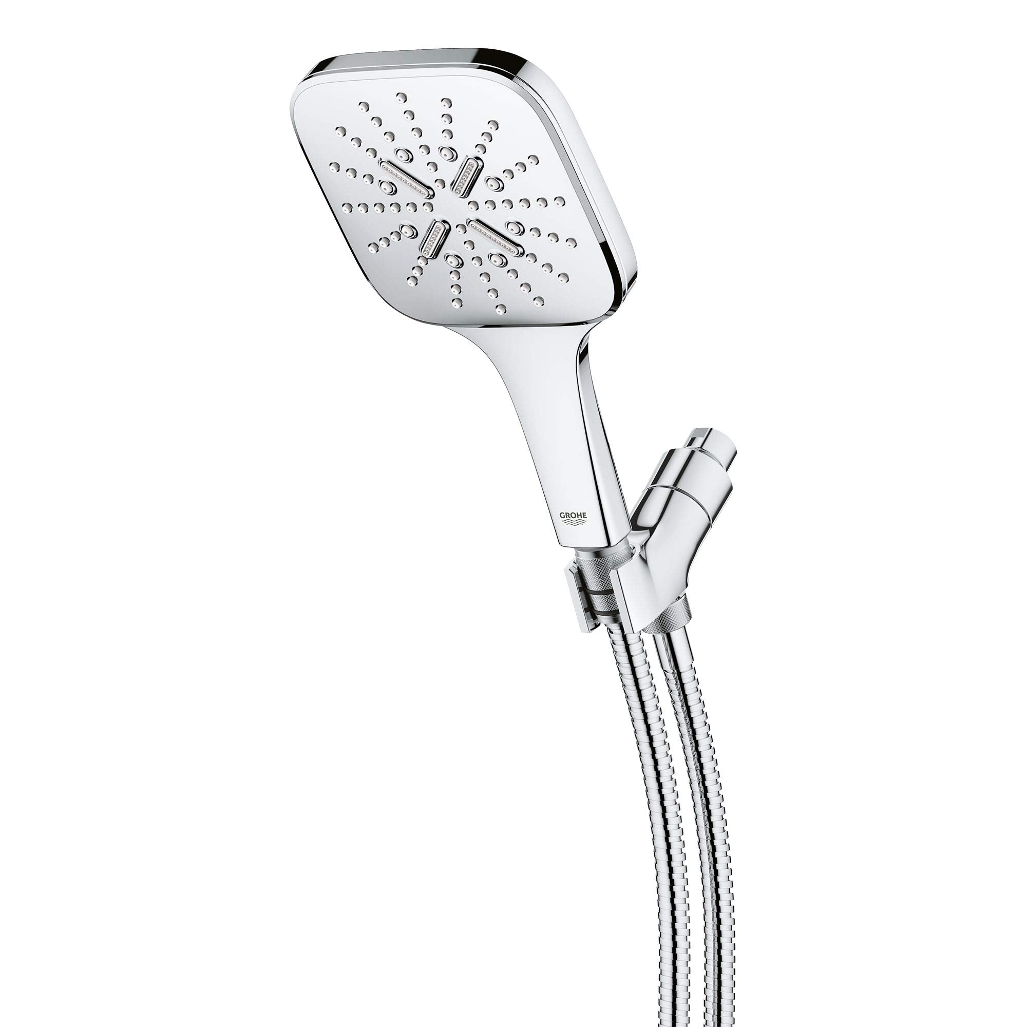 Chrome hand shower with square perforated head and flexible hose connector.