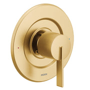Brushed gold single-handle pressure balancing valve trim with circular escutcheon plate and lever handle.
