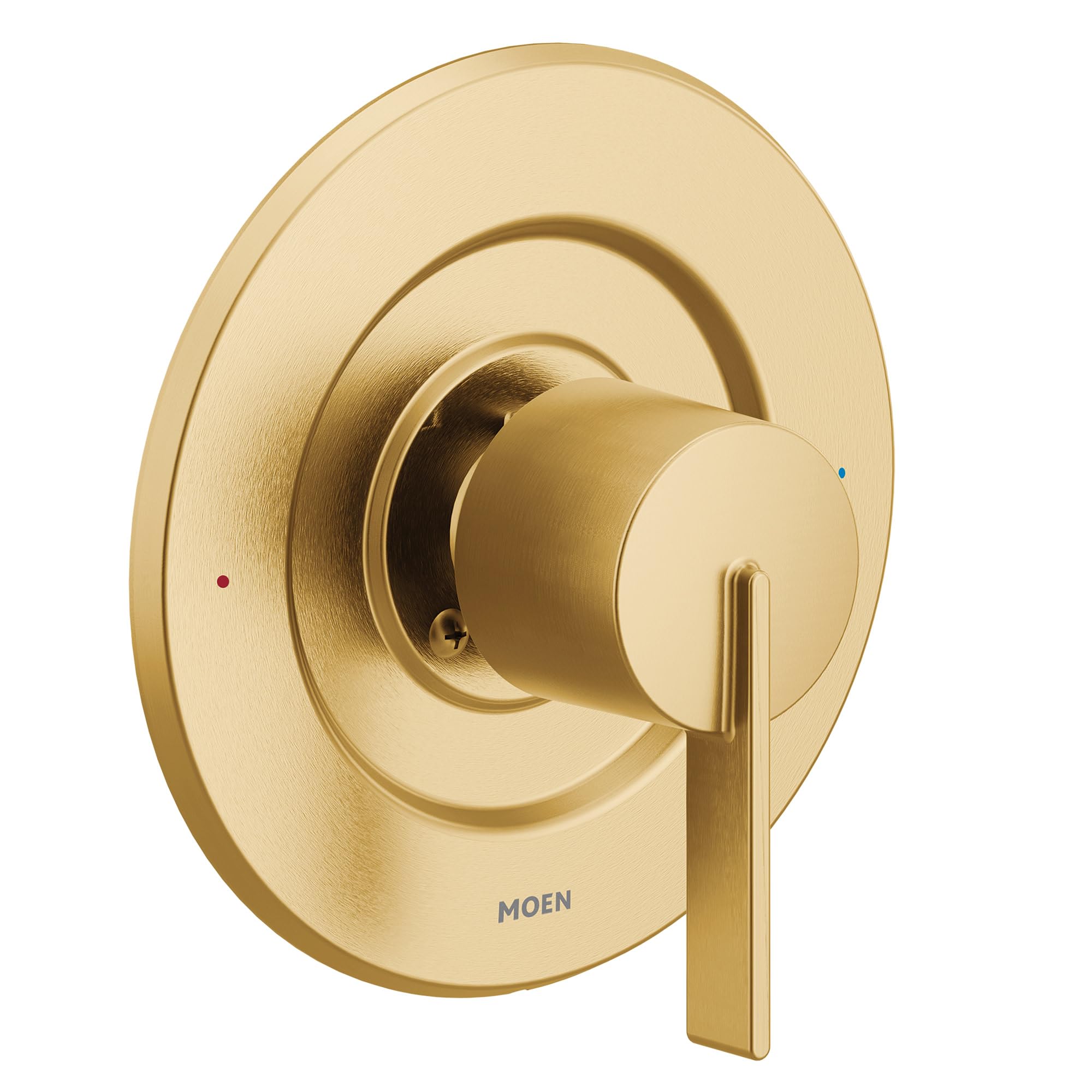 Brushed gold single-handle pressure balancing valve trim with circular escutcheon plate and lever handle.