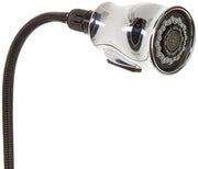 Chrome pull-down kitchen faucet spray head with flexible hose and multiple spray settings.