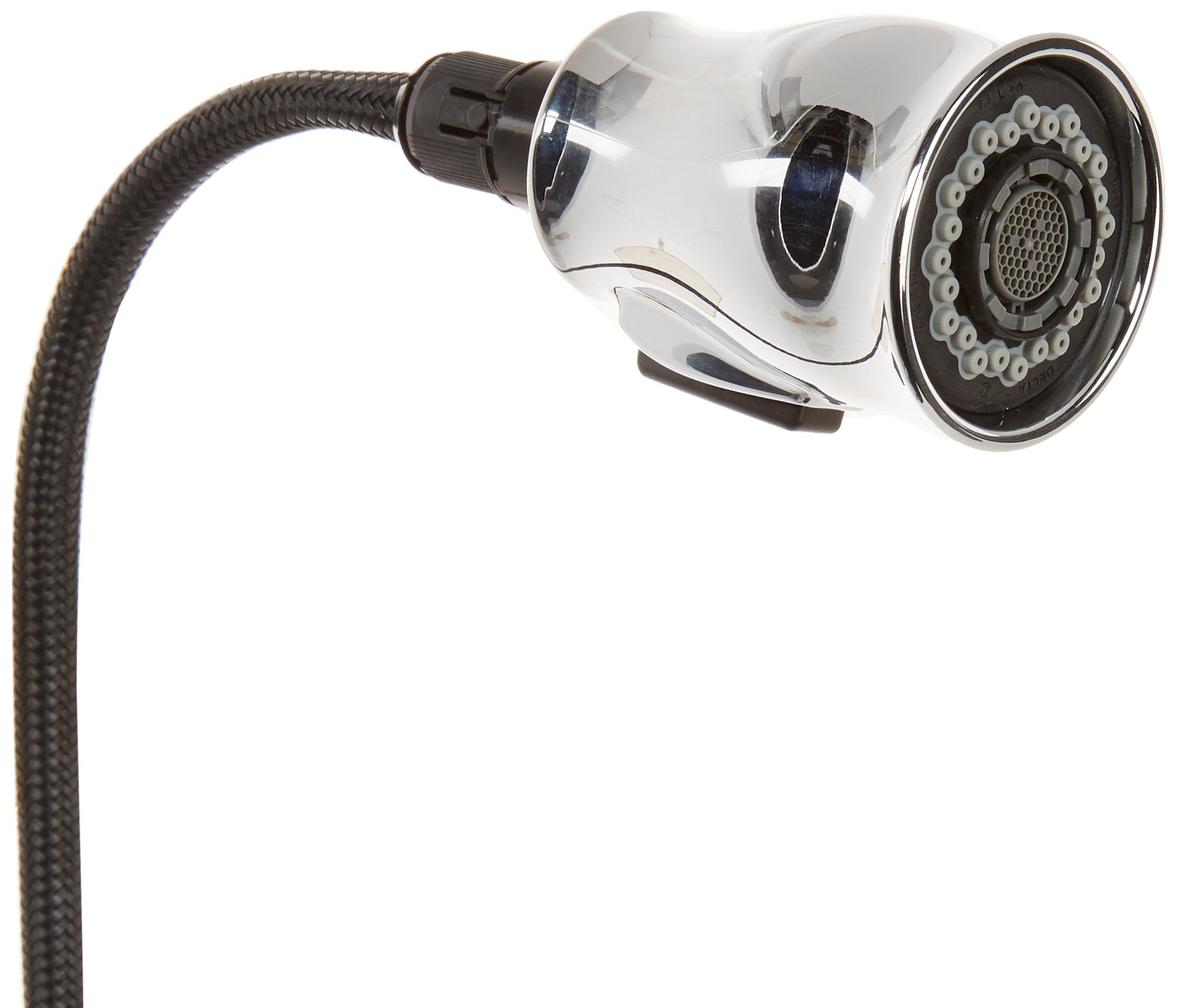 Chrome pull-down kitchen faucet spray head with flexible hose and multiple spray settings.
