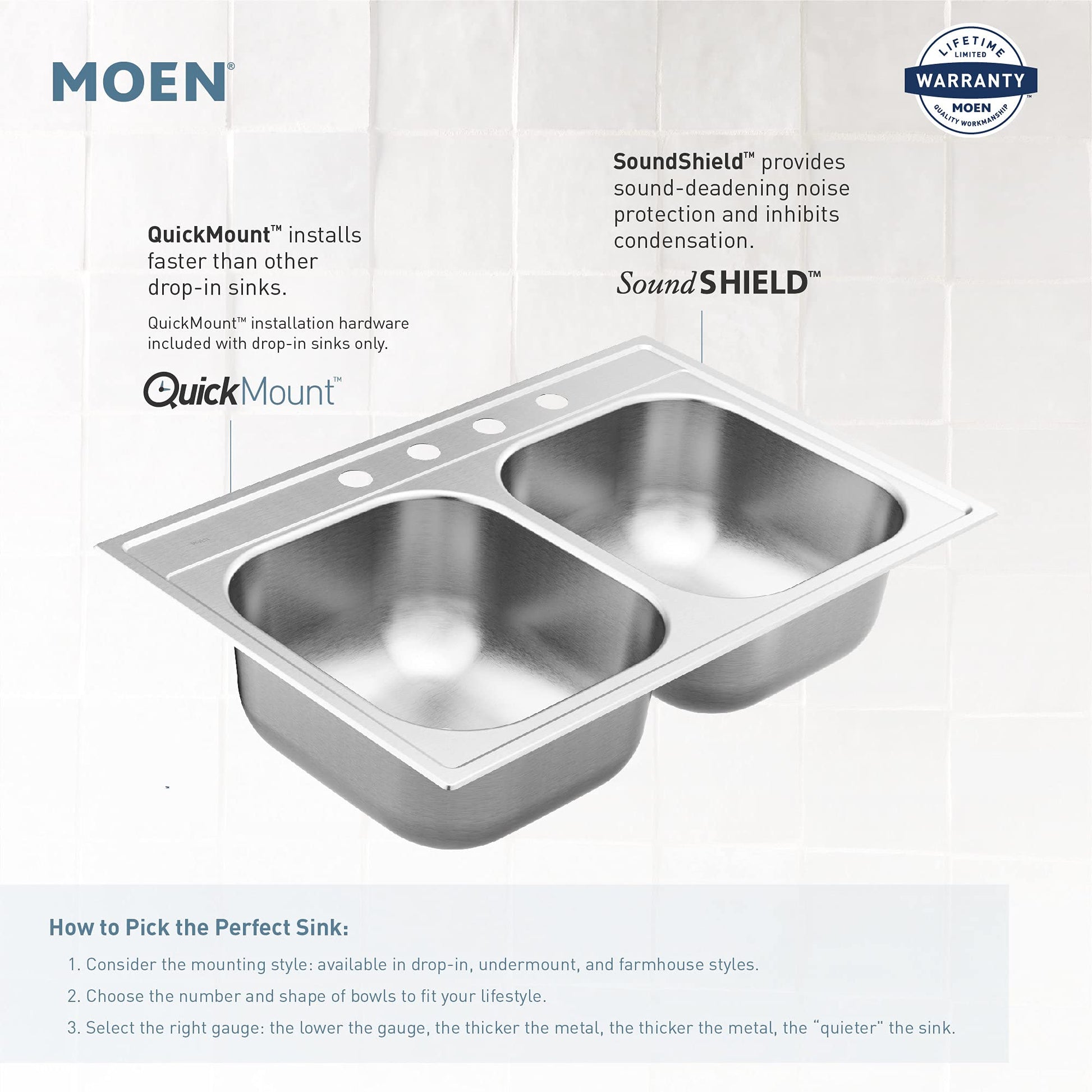 Stainless steel double bowl undermount kitchen sink with two equal-sized basins and drainboard.