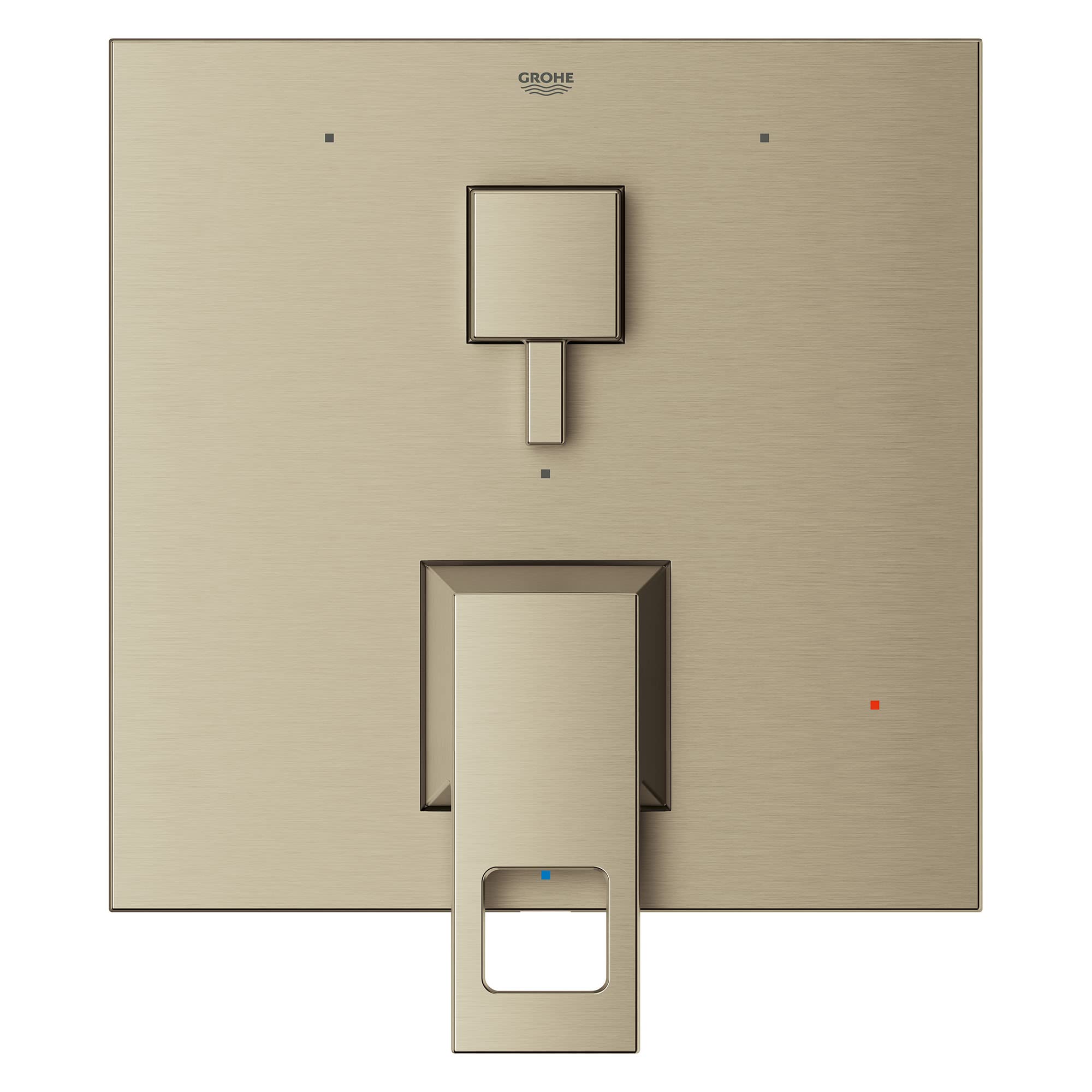 Grohe Eurocube brushed nickel pressure balance valve trim with square handles and 3-way diverter shown from front view.