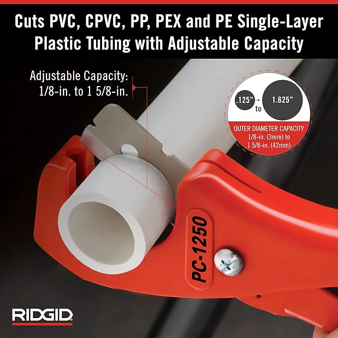 Red and white RIDGID PC-1250 plastic pipe cutter with adjustable cutting head and capacity range markings.