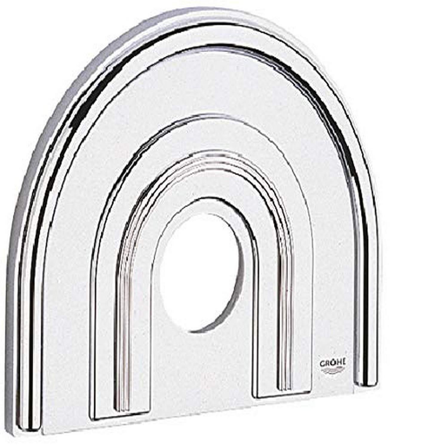 Chrome and matte chrome rectangular escutcheon with concentric arched trim rings and central opening.