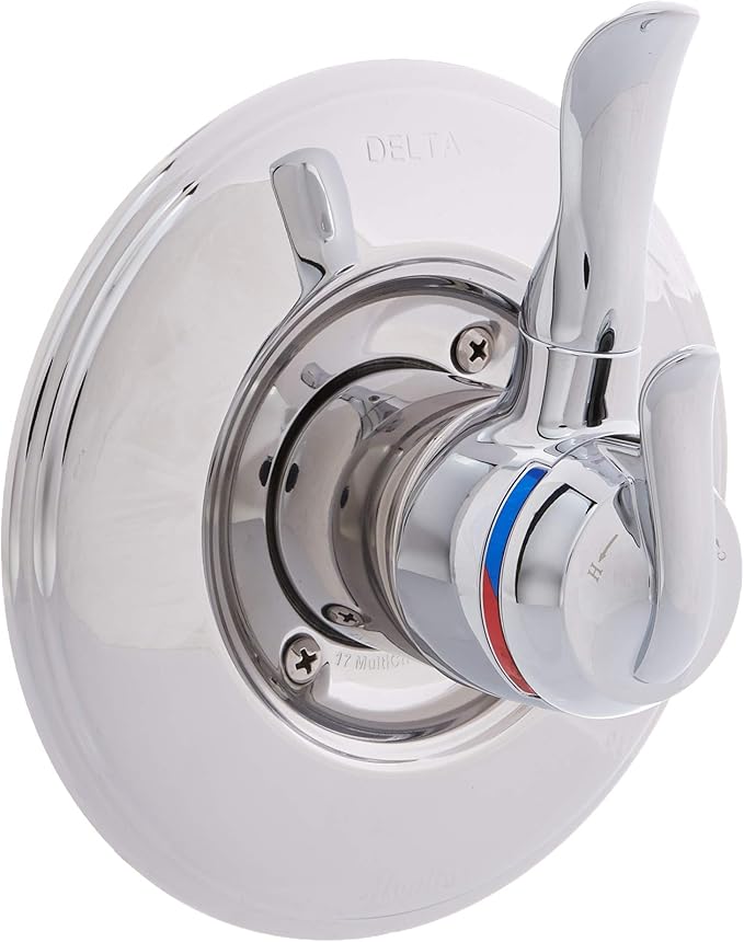 Chrome Delta Linden Monitor 17 Series valve trim with single lever handle and temperature indicator dial.