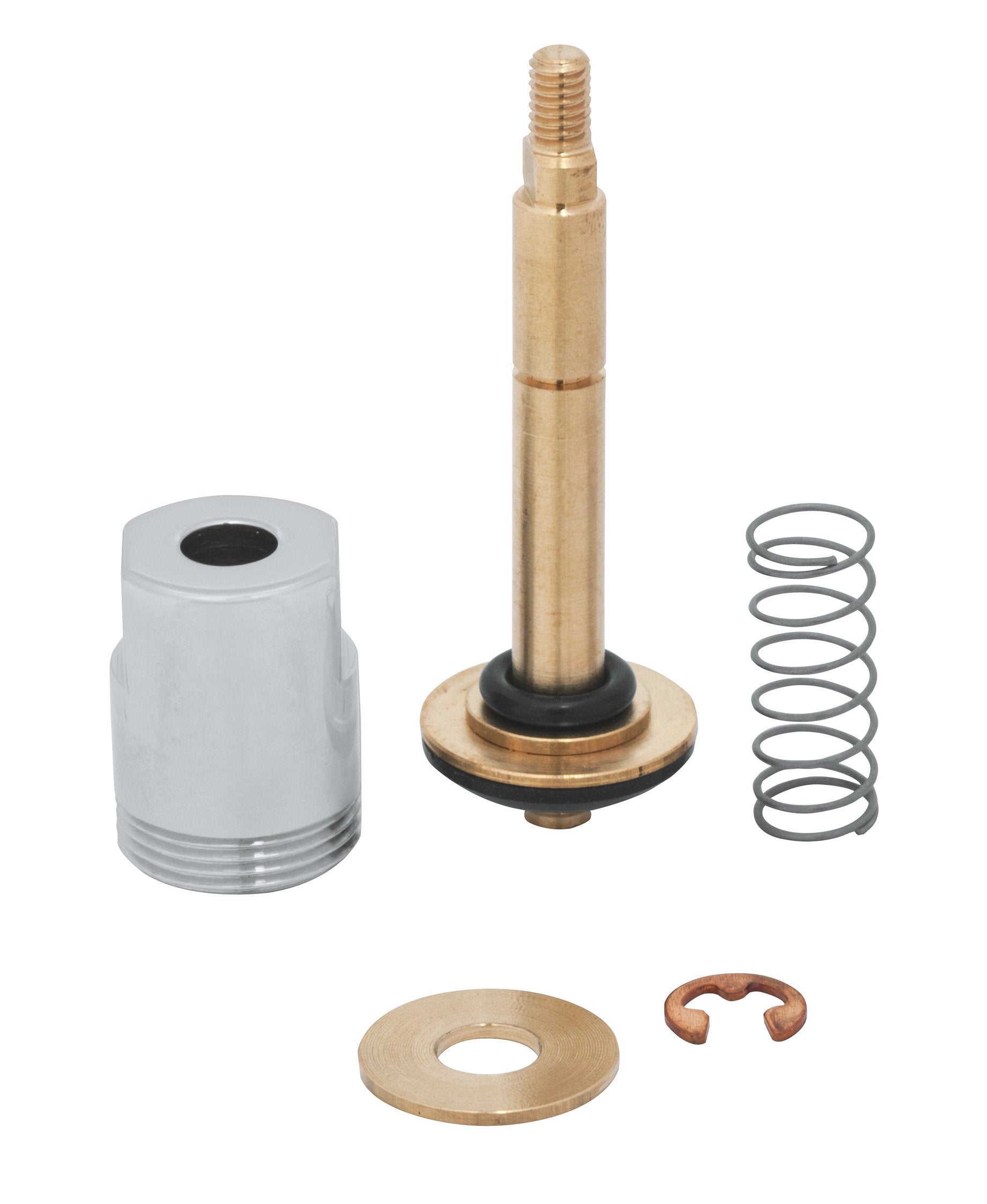 Grohe diverter repair kit with chrome cap, brass stem, spring, washer, and retaining clip.