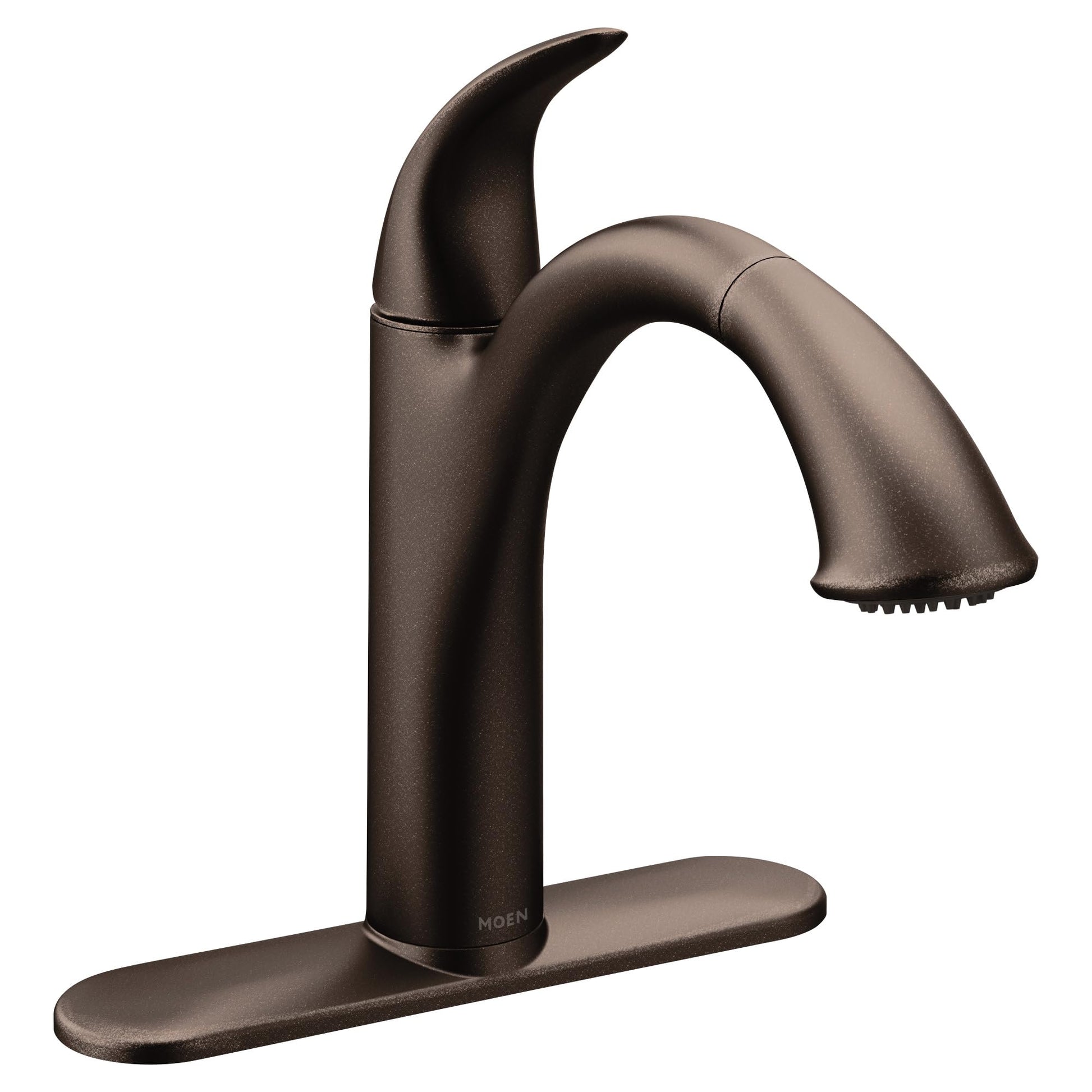 Oil rubbed bronze kitchen faucet with single handle, pullout spout, and matching deck plate on white background.