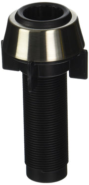 Stainless steel and black plastic spray support assembly with threaded base and circular top opening.