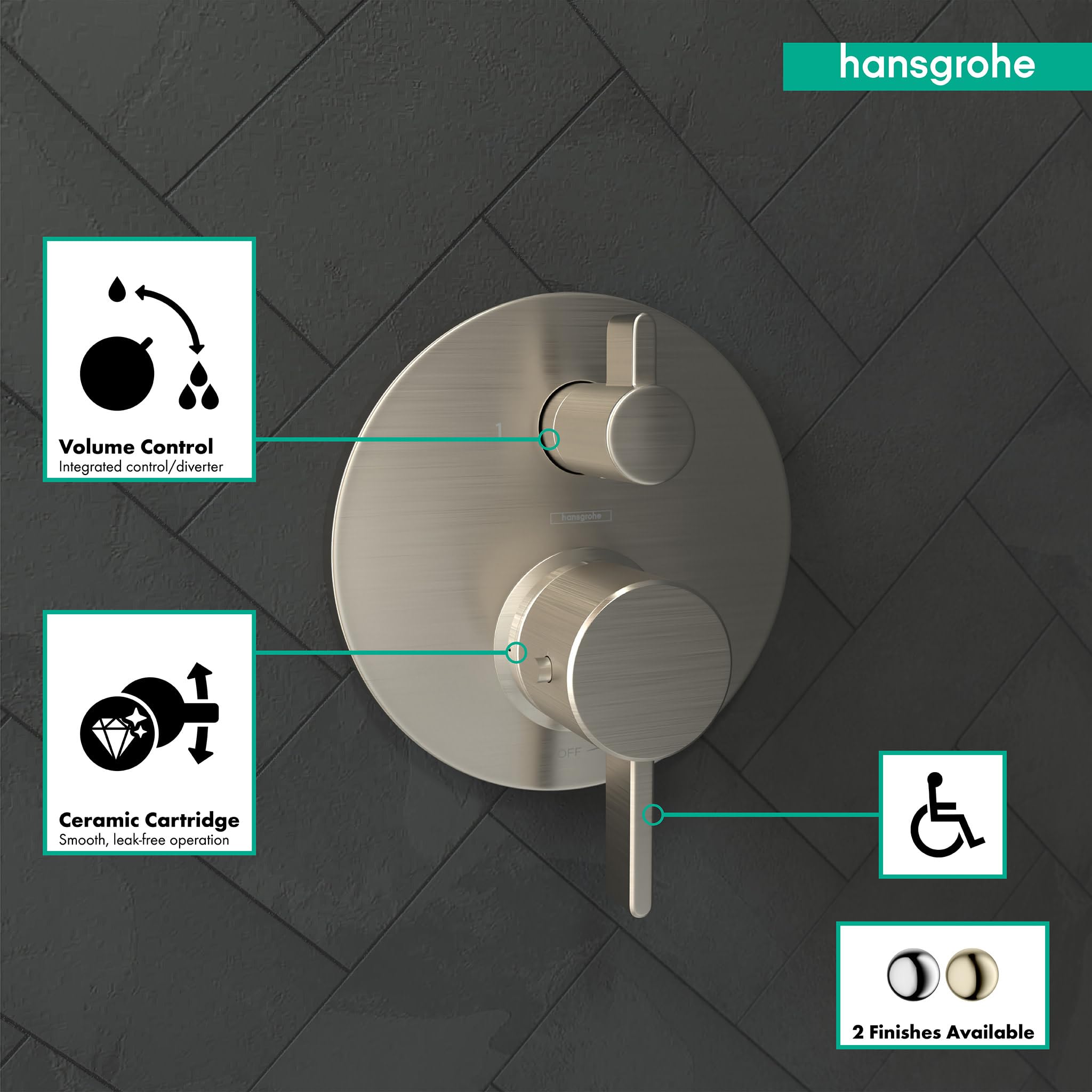 Brushed nickel thermostatic shower trim with two round control knobs, integrated volume control and diverter, mounted on circ