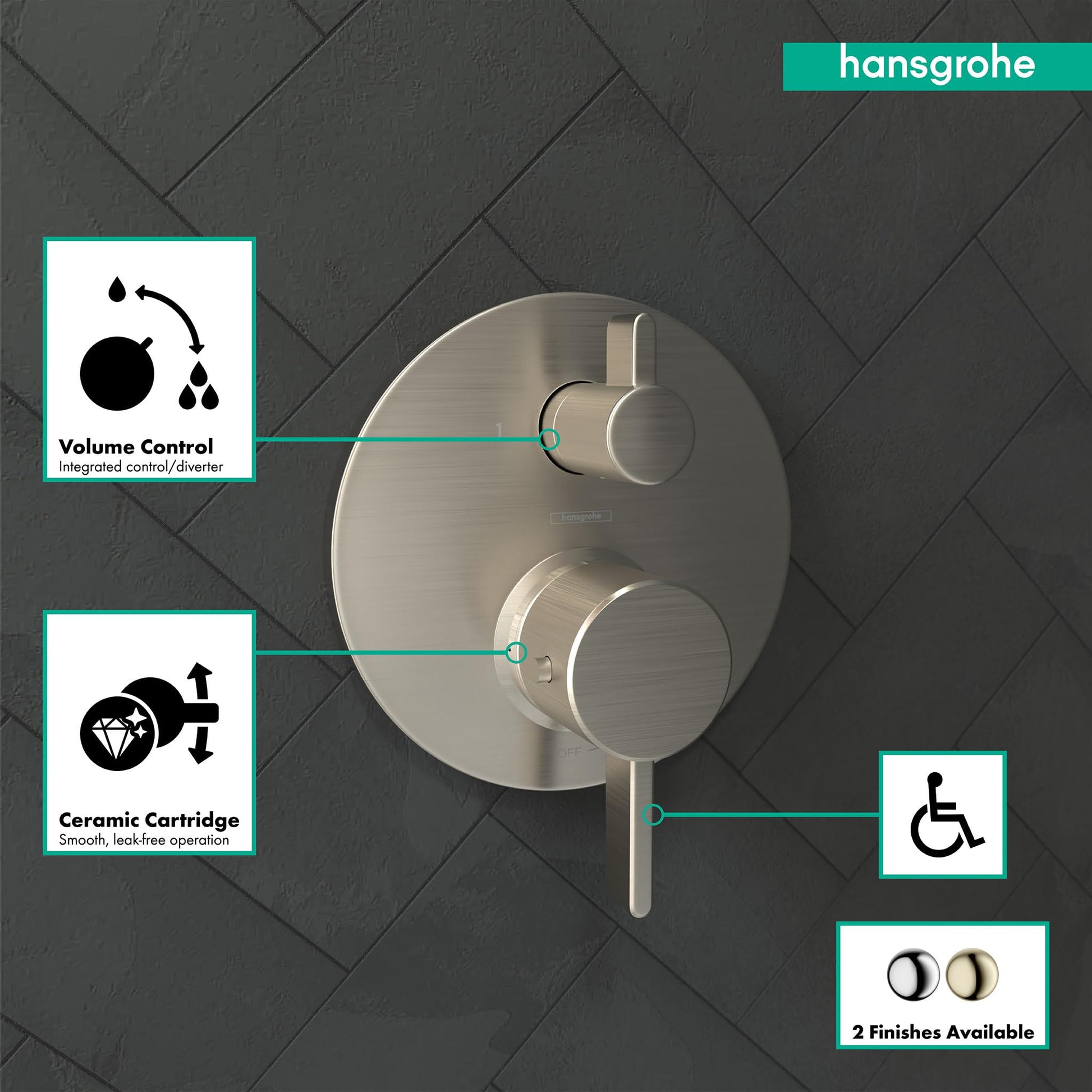 Brushed nickel thermostatic shower trim with two circular control knobs and integrated volume diverter on round escutcheon pl