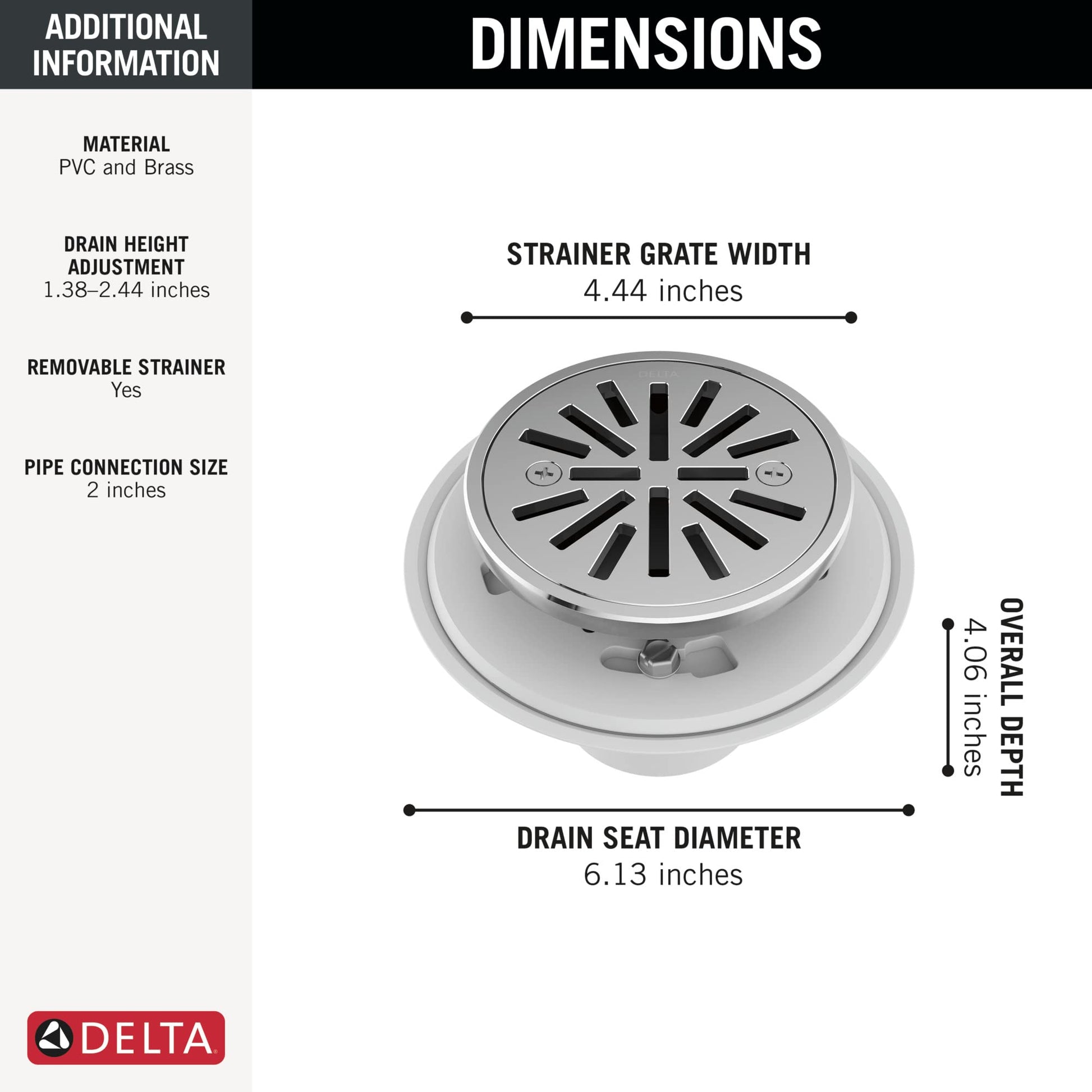 Chrome round shower drain with slotted grate, 4.44-inch width, removable strainer, 2-inch pipe connection.