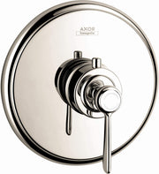 Polished nickel thermostatic shower valve trim with circular escutcheon and single lever handle.