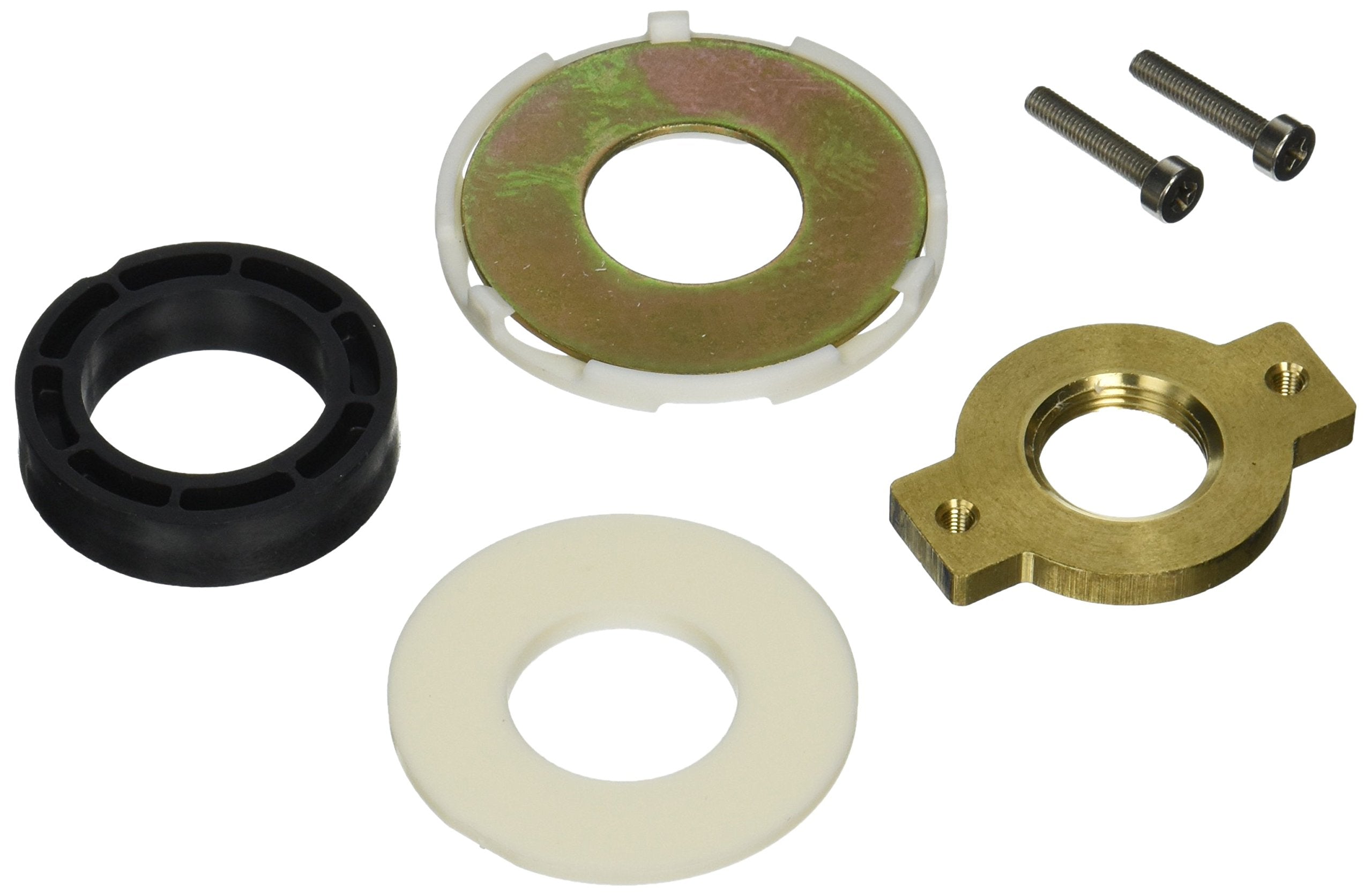 Delta Pilar mounting hardware set including black rubber ring, metal washers, brass connector, and two metal screws.