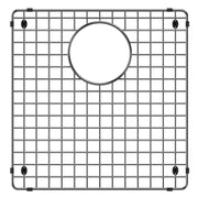 Stainless steel sink grid with square pattern and circular drain opening, featuring corner mounting clips.