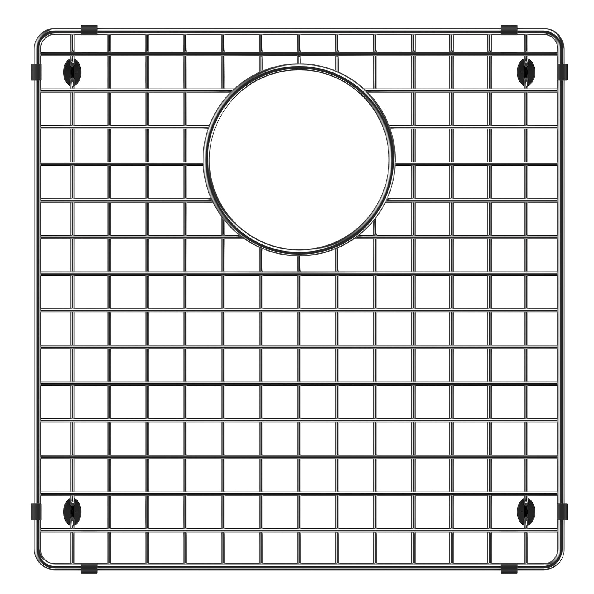 Stainless steel sink grid with square pattern and circular drain opening, featuring corner mounting clips.