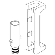 White cylindrical water adapter with threaded base and U-shaped mounting bracket housing internal components.